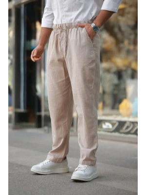 Erkek Beli Lastikli Keten Rahat Pantolon