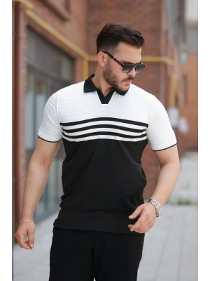 Erkek çizgi Desenli Yakalı Kısa Kollu T-shirt