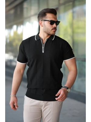 Erkek Dikey Kabartmalı Örgü Dokulu Fermuar Yakalı Tişört