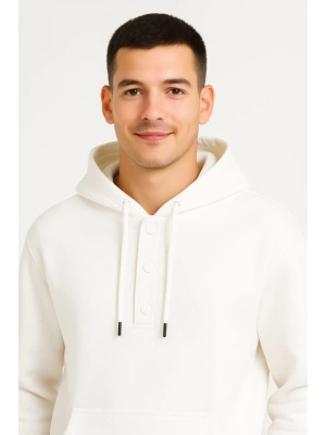 Erkek Ovarsize Kapüşonlu Swetshirt Kanguru Çepli Cıtcıtlı 3 Iplik Şardonlu Hoodie - Beyaz