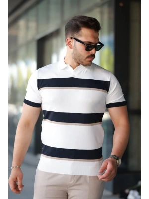 Erkek şerit Desenli Hemşire Yaka Kısa Kollu Tişört