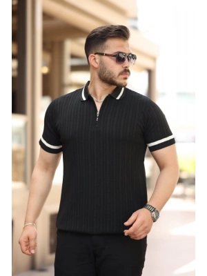 Erkek Yaka Ve Kolları çizgi Detaylı Fermuarlı Kısa Kollu T-shirt