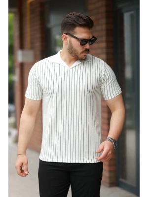 Erkek Yakalı çizgi Desenli Kısa Kollu Tişört