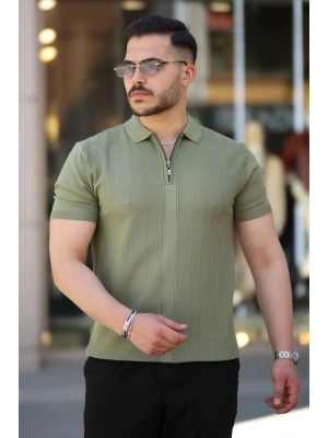 Erkek Yakası Fermuarlı Kısa Kollu T-shirt