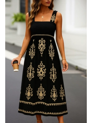 Kadın Askılı Kare Yaka Gipe Detaylı Desenli Suprem Elbise