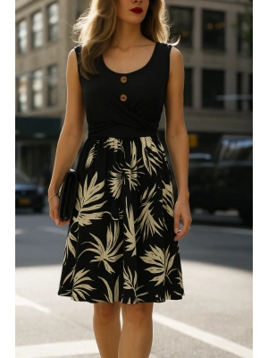 Kadın Askılı Yuvarlak Yaka Düğmeli üst Viskon Alt Desenli Süprem Elbise