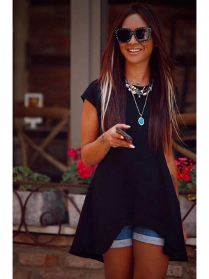 Kadın Kısa Kollu Asimetrik Viskon Kumaş Bluz