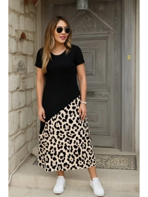 Kadın Kısa Kollu Bisiklet Yaka Leopar Detaylı Midi üst Viskon Alt Süprem Elbise