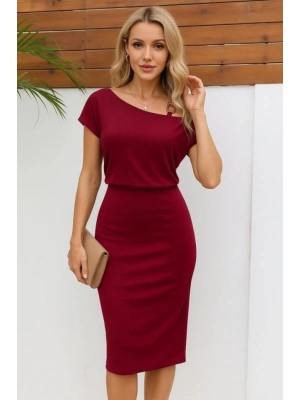 Kadın Kısa Kollu Tek Omuz Askı Ve Aksesuar Detay Beli Lastikli Krep Elbise