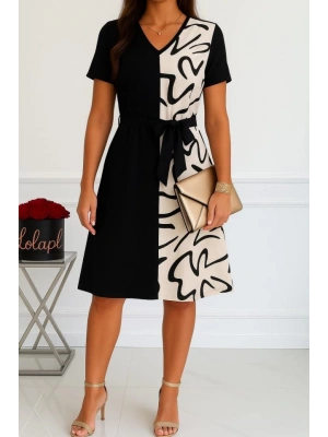 Kadın Kısa Kollu V Yakalı çift Renkli Desenli Beli Kuşaklı Atlas Elbise