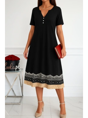 Kadın Kısa Kollu V Yakalı Etek Ucu Desenli Viskon Elbise