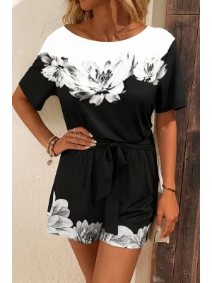 Kadın Tek Omuzu Açık çiçek Desenli Beli Kuşaklı Iki Iplik Mini Short Tulum