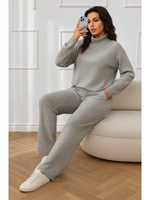 Kadın Uzun Kollu Balıkçı Yaka şardonlu Bluz Ve Pantolon Ikili Takım