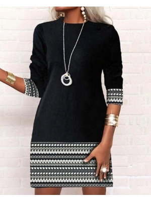 Kadın Uzun Kollu Bisiklet Yaka Kol Ağzı Ve Etek Ucu Baskılı Iki Iplik Elbise