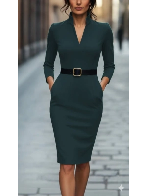 Kadın Uzun Kollu Hakim Yaka Beli Kemerli Cepli Midi Ithal Krep Elbise