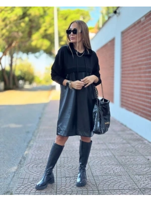 Kadın Uzun Kollu Kapüşon Ve Deri Detay Diz üstü Elbise