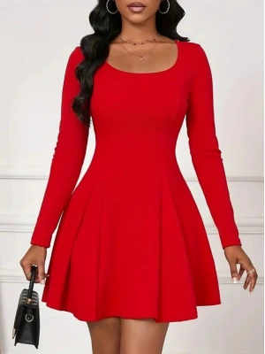 Kadın Uzun Kollu Kare Yakalı Mini Ithal Krep Elbise