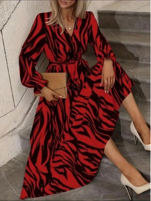 Kadın Uzun Kollu Kruvaze Yakalı Kuşaklı Zebra Desenli Süprem Maxi Elbise