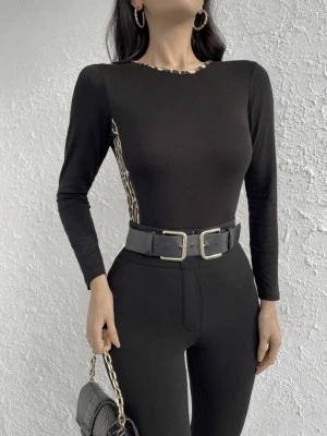 Kadın Uzun Kollu Leopar şeritli Viskon Bluz