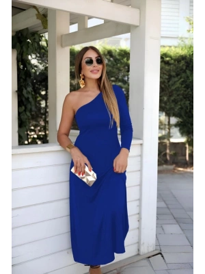 Kadın Uzun Kollu Tek Omuz Detay Krep Elbise