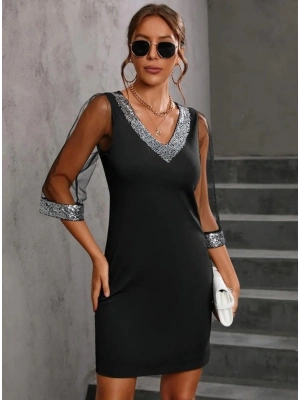 Kadın Uzun Kollu V Yaka Ve Kol Ucu Pul Payet Krep Elbise