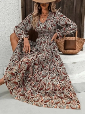 Kadın Uzun Kollu V Yakalı Beli Lastikli Desenli Süprem Elbise