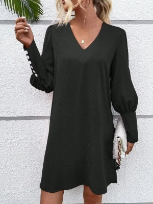 Kadın Uzun Kollu V Yakalı Kısa Ithal Krep Elbise