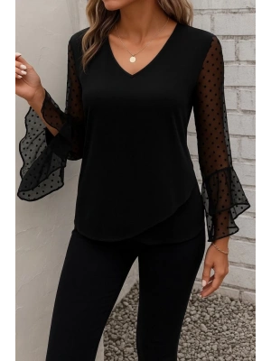 Kadın Uzun Kollu V Yakalı Kolları Ispanyol Detayı Sandy Bluz