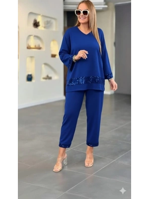 Kadın Uzun Kollu V Yakalı Pulpayet Viskon Iki Iplik Bluz Ve Pantolon Takım