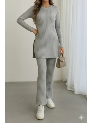 Kadın Uzun Kollu Yuvarlak Yaka Yandan Yırtmaç Detaylı şardonlu Kaşkorse Bluz Ve Pantolon Ikili Takım