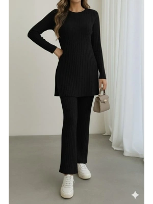 Kadın Uzun Kollu Yuvarlak Yaka Yandan Yırtmaç Detaylı şardonlu Kaşkorse Bluz Ve Pantolon Ikili Takım