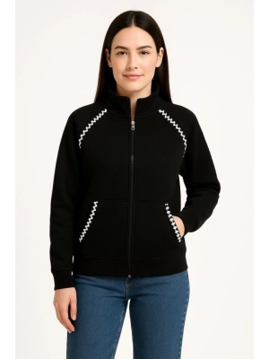 Oversize Dik Yaka Fermuarlı Sweatshirt - Zincir Nakışli Kanguru Cepli, - Siyah