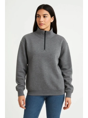 Üç İplik Dık Yaka Yarım Fermuarlı SweatShirt - Antrasit
