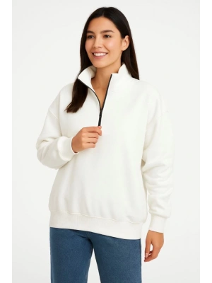 Üç İplik Dık Yaka Yarım Fermuarlı SweatShirt - Beyaz