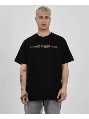 Unisex Bisiklet Yaka Baskılı Oversize T-Shirt - Siyah