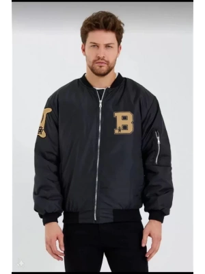 Unisex Uzun Kol Baskılı Bomber Ceket - Siyah