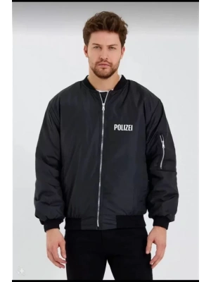 Unisex Uzun Kol Baskılı Bomber Ceket - Siyah