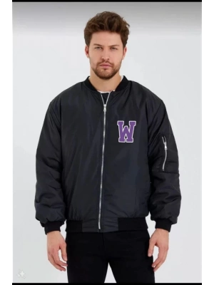 Unisex Uzun Kol Baskılı Bomber Ceket - Siyah