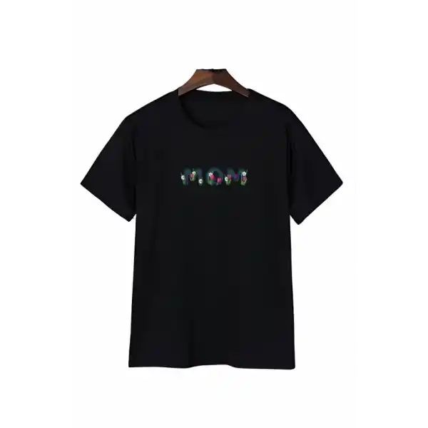 Anneler Günü Mom Çiçek Temalı Baskılı Oversize Bisiklet Yaka T-shirt - Siyah
