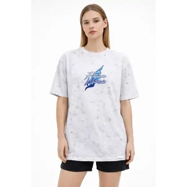 Asit Yıkamalı Oversize Tişört Future Worlds Baskılı Bisiklet Yaka Kısa Kollu Streetwear %100 Pamuk Street Style T-Shirt - Beyaz