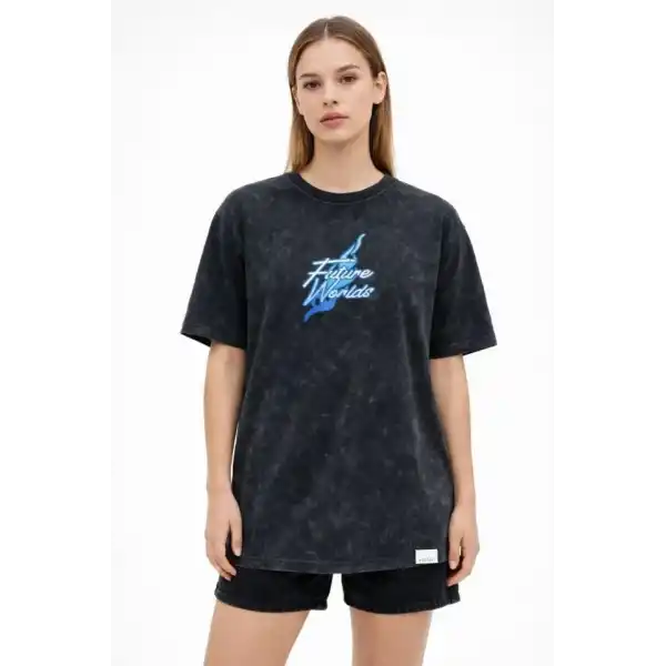 Asit Yıkamalı Oversize Tişört Future Worlds Baskılı Bisiklet Yaka Kısa Kollu Streetwear %100 Pamuk Street Style T-Shirt - Siyah