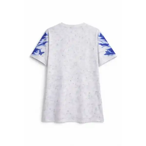 Asit Yıkamalı Oversize Tişört Mavi Kelebek Baskılı Dijital Print Bisiklet Yaka Streetwear T-Shirt - Beyaz