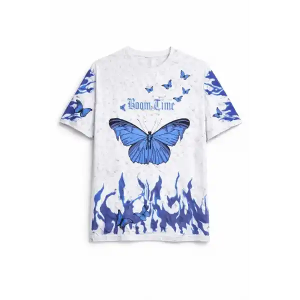 Asit Yıkamalı Oversize Tişört Mavi Kelebek Baskılı Dijital Print Bisiklet Yaka Streetwear T-Shirt - Beyaz