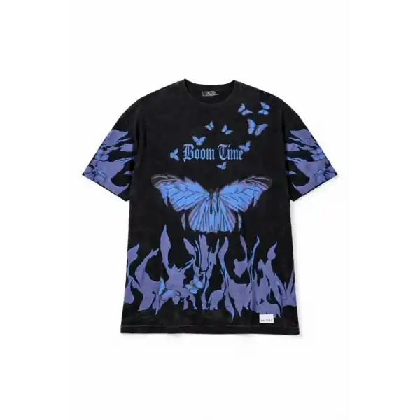 Asit Yıkamalı Oversize Tişört Mavi Kelebek Baskılı Dijital Print Bisiklet Yaka Streetwear T-Shirt - Siyah