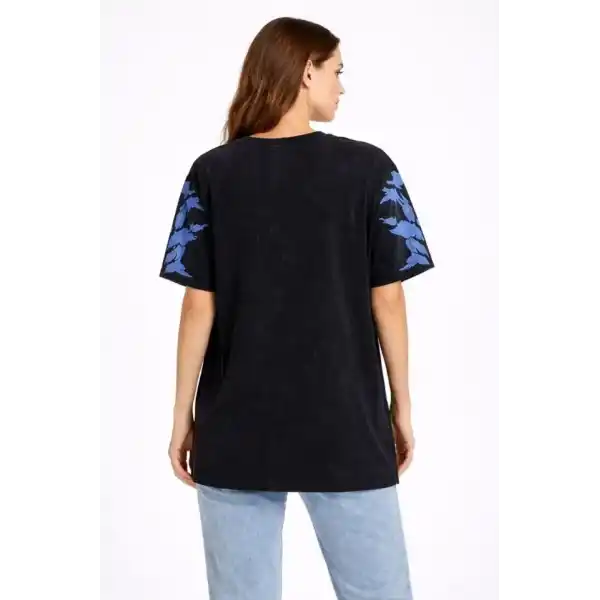 Asit Yıkamalı Oversize Tişört Mavi Kelebek Baskılı Dijital Print Bisiklet Yaka Streetwear T-Shirt - Siyah