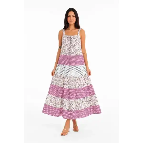 Askılı Çiçek Desenli Keten Kumaş Kat Kat Salaş Maxi Elbise - Pembe