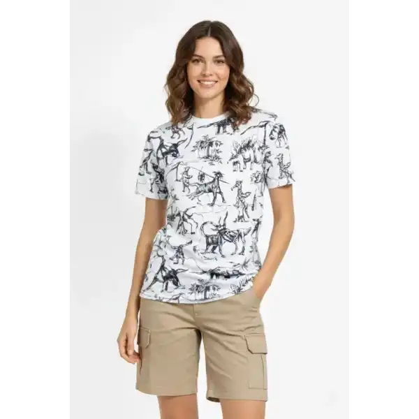 Beyaz Dinozor Desenli Tişört – Regular Kalıp, Bisiklet Yaka, Dijital Baskılı Pamuklu T-Shirt - Beyaz