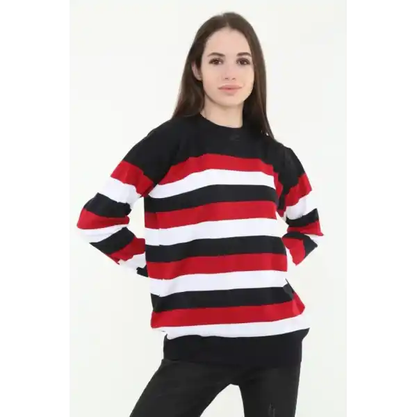 Çizgili Nakışlı Kazak - Siyah