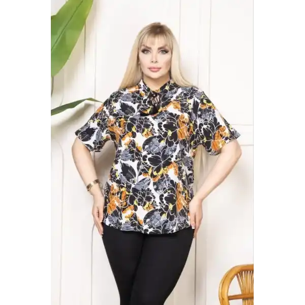 Desenli Püsküllü Viskon Bluz Bebe Yaka Kısa Kollu Big Size Rahat Kesim - Desenli