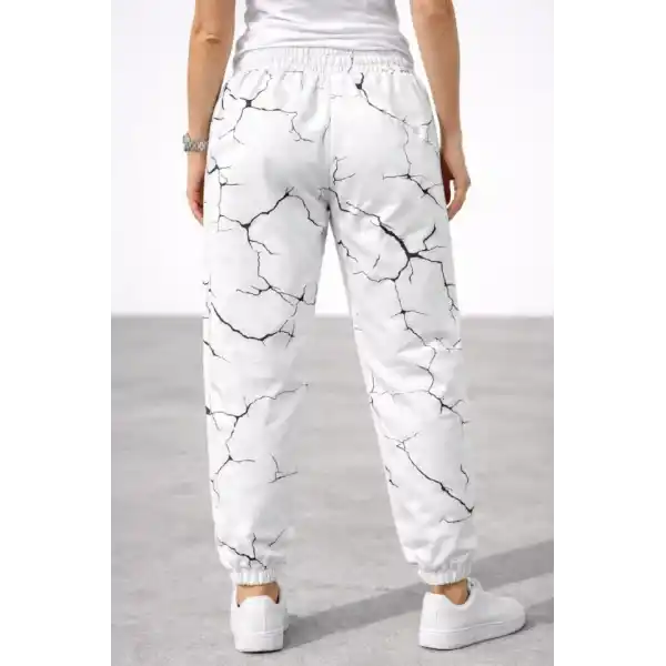 Dijital Baskılı Eşofman Altı Kışlık Üç İplik Şardonlu Kumaş Lastikli Paça, Cepli, Rahat Kalıp - Beyaz